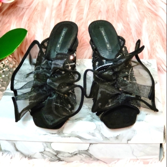 ZARA Basic Slides Heels Slip Ons Sequins - Picture 4 of 12